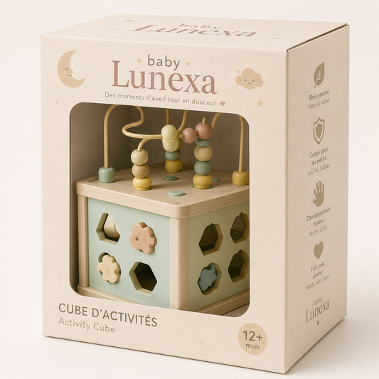 Baby Lunexa Wooden Activity Cube with Bead Maze and Shape Sorter – 12+ Months